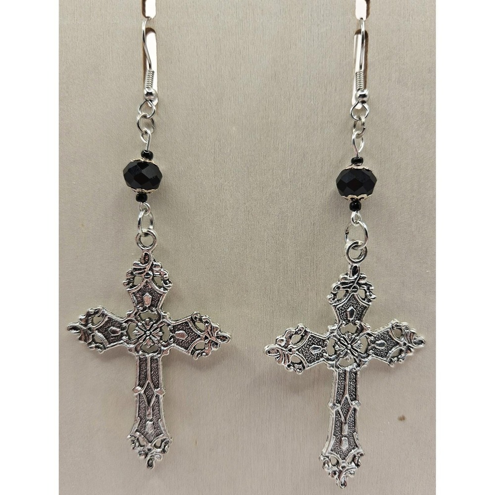 Goth Cross Beaded Earrings Handmade Dangle Victorian Style